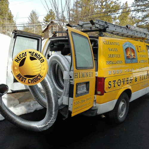 Chimney Sweep Northstar, Ca 1 Yellow service van from Tahoe Chimney and Fireplace with equipment, featuring a "Recommended Best Choice" badge.